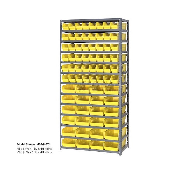 Global Industrial Steel Shelving with 96 4inH Plastic Shelf Bins Yellow, 36x18x72-13 Shelves 603448YL - main
